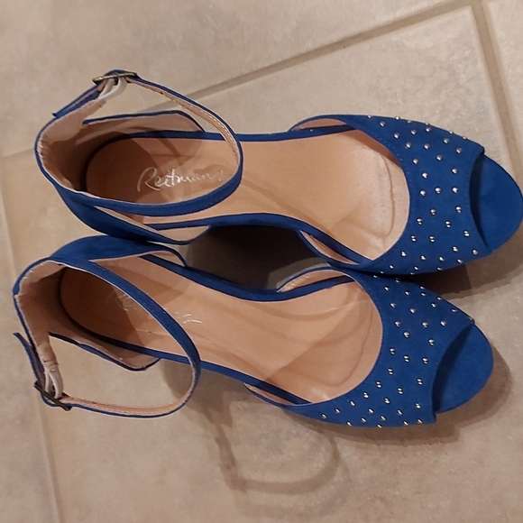 Royal Blue Suede Ankle Strap Platform Wedges with Silver Studs - Picture 3 of 6